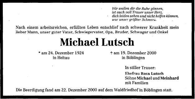 Lutsch Michael 1924-2000 Todesanzeige